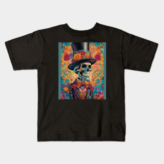 Dapper Skeleton Elegance: Day of the Dead Celebration Kids T-Shirt by ImaginativeInkPOD